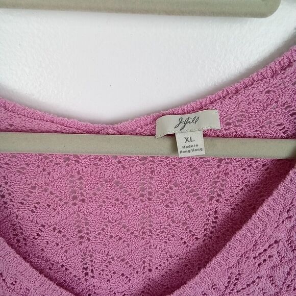 J. Jill Women's Boho Crochet Knit Top Size XL Pink Ruffle Bell Sleeve Cotton - Picture 7 of 8